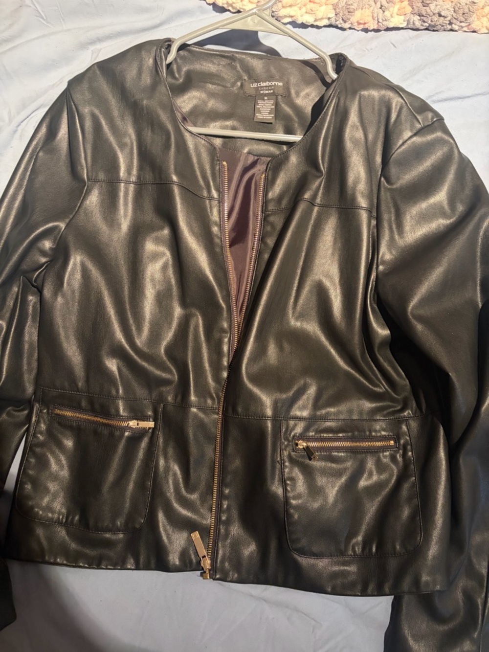 Liz Claiborne Black Faux Leather Zip Jacket with Gold Hardware!